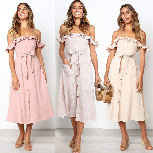 Backless Sexy Women Summer Dress 2019 Ruffles Off Shoulder Beach Dress Buttons Strapless Long Sundress Boho Midi Dress Ladies