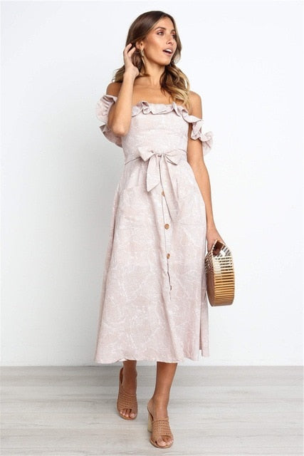 Backless Sexy Women Summer Dress 2019 Ruffles Off Shoulder Beach Dress Buttons Strapless Long Sundress Boho Midi Dress Ladies