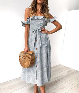 Backless Sexy Women Summer Dress 2019 Ruffles Off Shoulder Beach Dress Buttons Strapless Long Sundress Boho Midi Dress Ladies