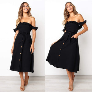 Backless Sexy Women Summer Dress 2019 Ruffles Off Shoulder Beach Dress Buttons Strapless Long Sundress Boho Midi Dress Ladies