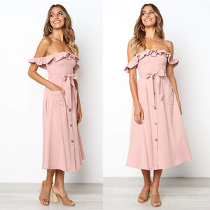 Backless Sexy Women Summer Dress 2019 Ruffles Off Shoulder Beach Dress Buttons Strapless Long Sundress Boho Midi Dress Ladies