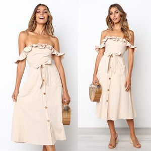 Backless Sexy Women Summer Dress 2019 Ruffles Off Shoulder Beach Dress Buttons Strapless Long Sundress Boho Midi Dress Ladies