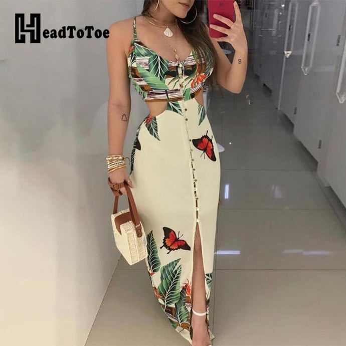 Sexy Spaghetti Strap Tropical Print Women Cutout Dress V-neck Sleeveless Female Summer Holiday Midi Dresses